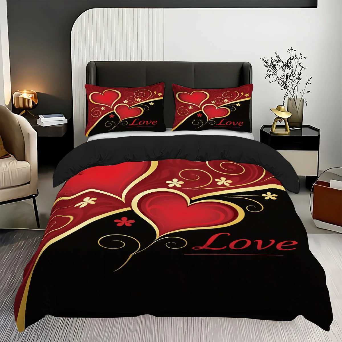 3pcs 1 duvet cover 2 cases coreless black and red Valentines Day heart Love design printed pattern bedding setM251118
