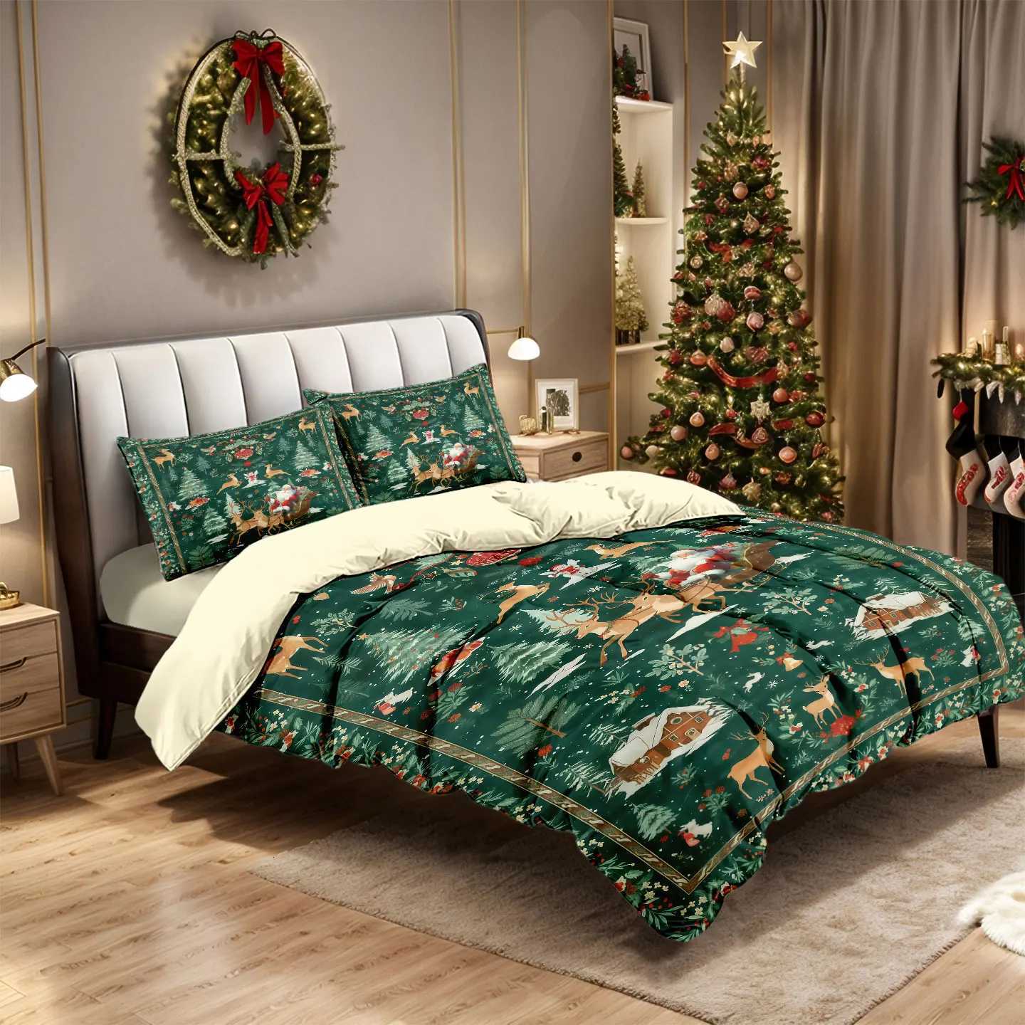 3 Pcs Green Christmas Print Coreless Set Soft and Comfortable Including 1 Duvet Cover and 2 Complete Sets for GiftM251118