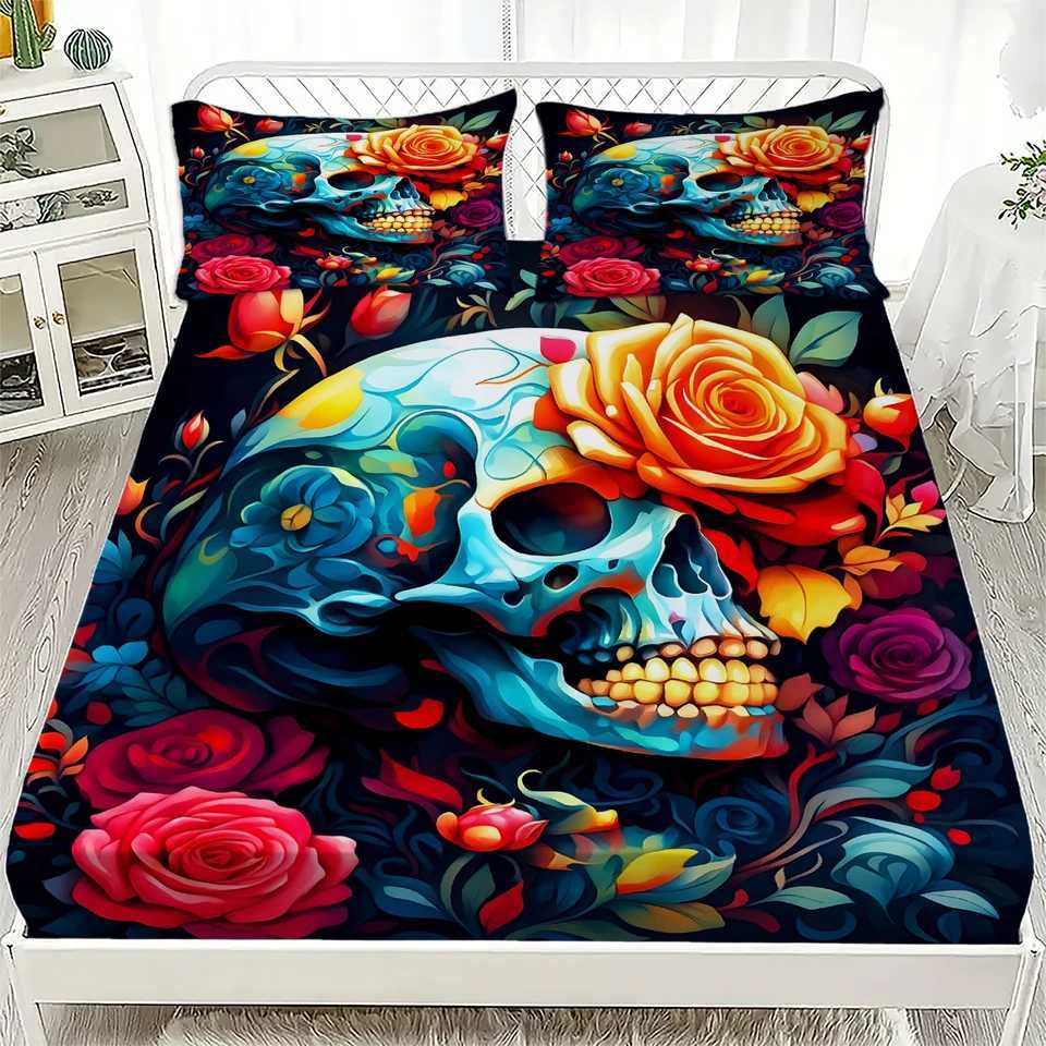 3pcs Fitted Sheet Set Gothic Style Skull Flowers Print 100 Polyester Breathable Bedding Set for Home Decor with 2 casesM251118