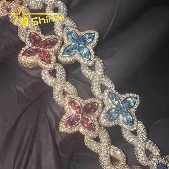Hot Sale Popular Shining Hip Hop Sier Pink Blue Marquise Infinity Cuban Link Moissanite Bracelet