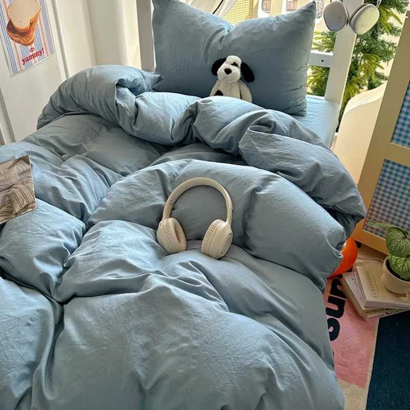 2025 new solid color simple washed cotton student bed sheet four-piece set machine washable student dormitory three-piece setM251118