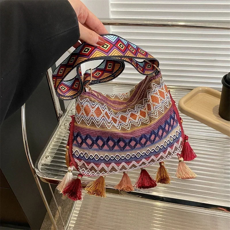 Vintage Womens Bag Tassel Ethnic Handwoven Crossbody for Lady Bag Hippie Sling Shoulder Bags for Ladies Handbag 250417