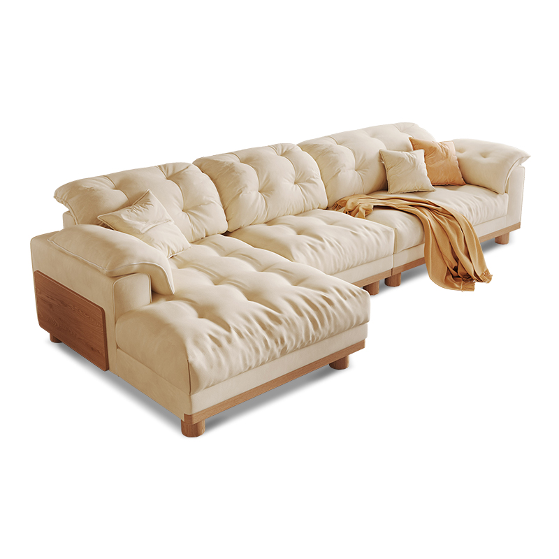 Log Wood Cream-Style Sofa, Skin-Friendly Fabric Plush Couch with Cushions, Modern Comfortable Living Room Sofa, Stylish Home Furniture with Wooden Leg