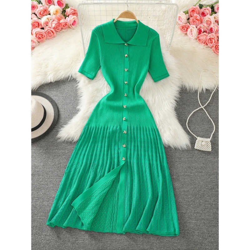Summer Womens Black Rice Single Chest Knitted Long Skirt Green Elegant Office Short Sleeve Folded Dress Fashion