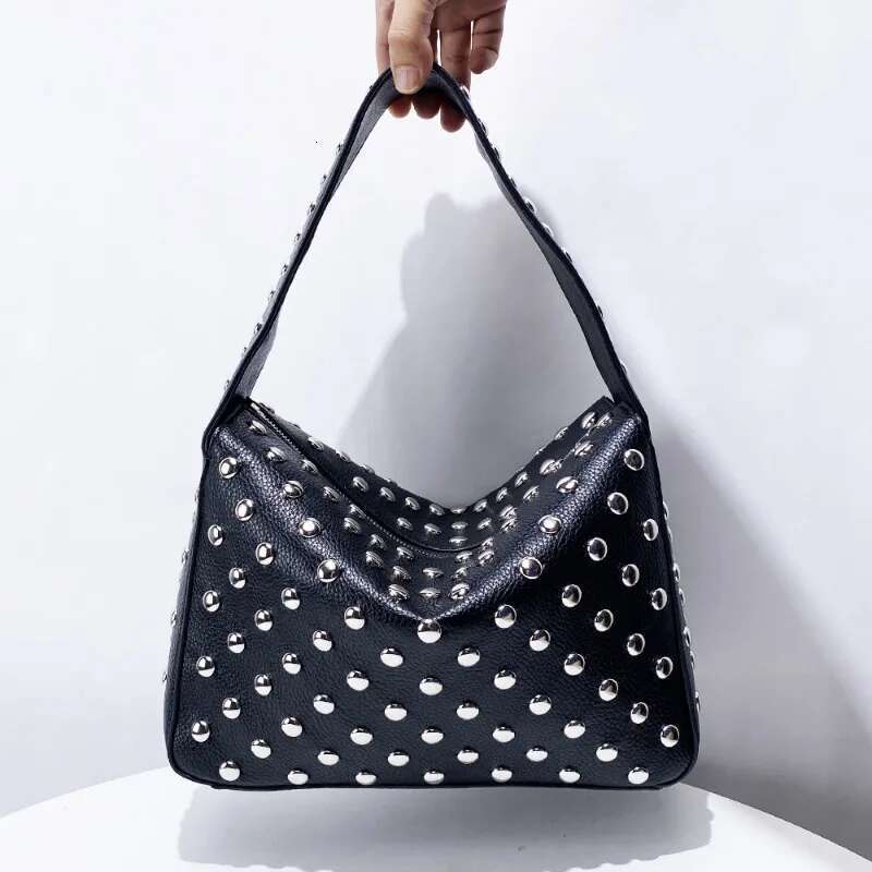 Designer Rivet Design Armpit Bag High Quality Cool Pu Leather Motorcycle Style Handbag With Wide Shoulder Strap