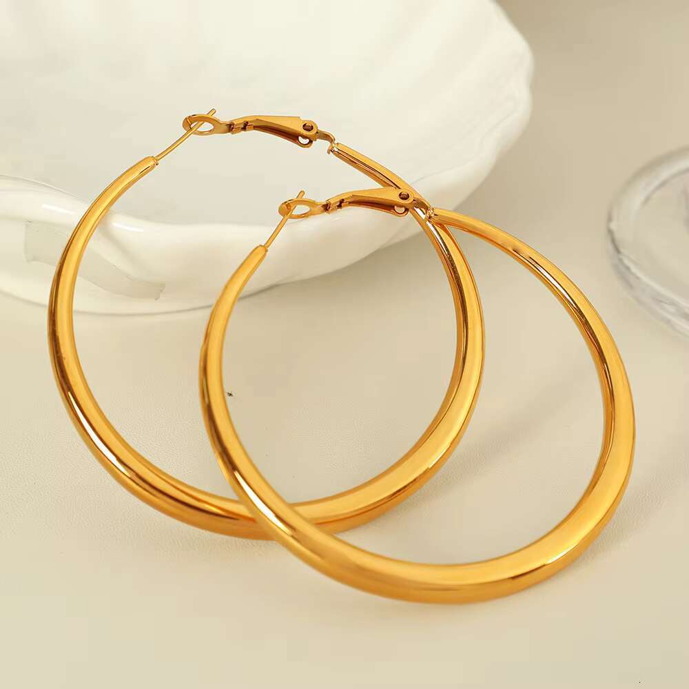 DHcollection Oudiya Jewelry EH02 Thick Large Gold Plated Earrings, New Plain Round Earrings