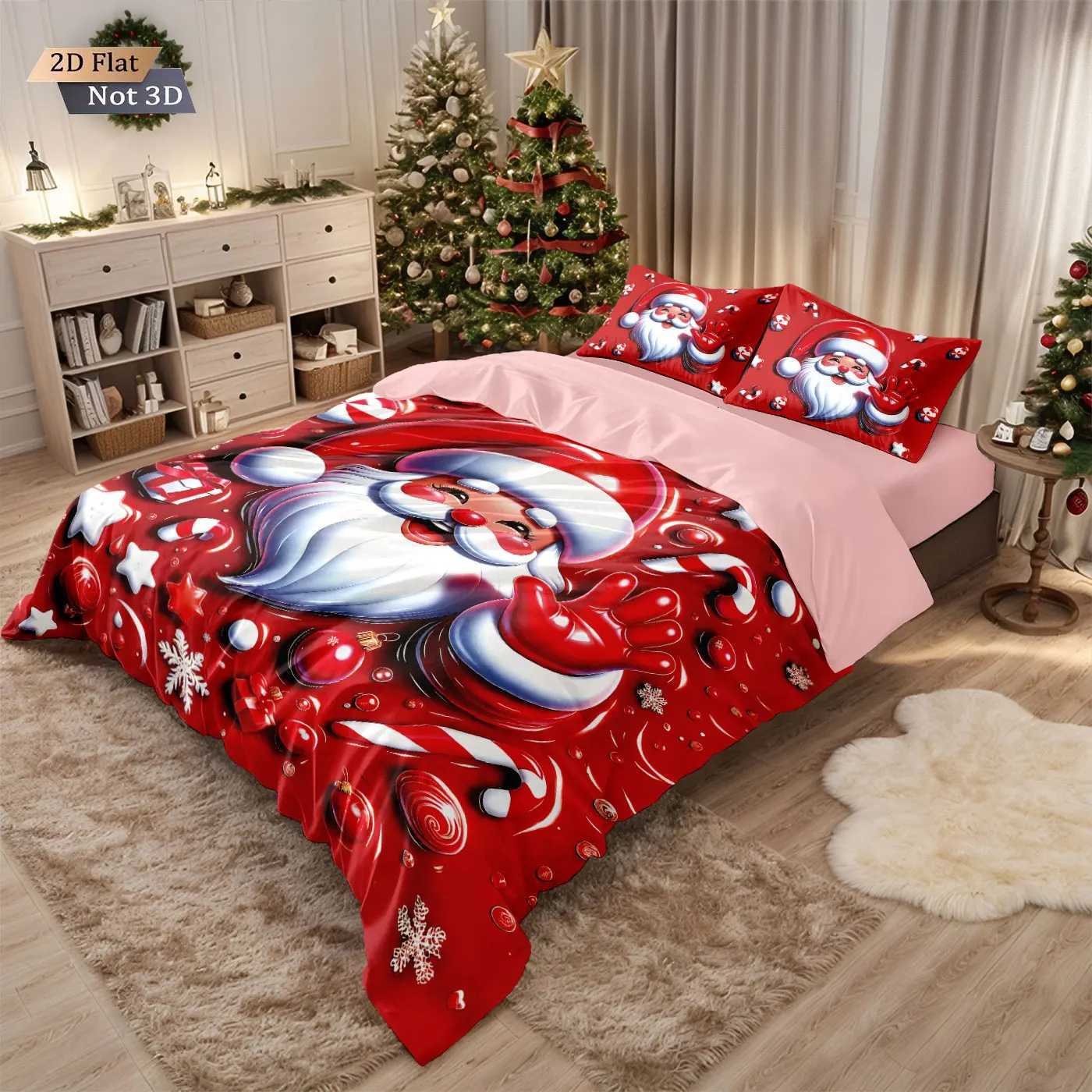 3pcs Red Santa Claus Printed Chipless Bedding Set Soft and Comfortable Dormitory Bedroom Multiple Sizes Machine WashableM251118