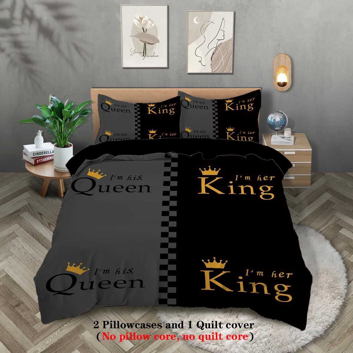 3pcs fashionable black gray crown design printed bedding set soft comfortable and breathable down duvet cover bedroom hotelM251118