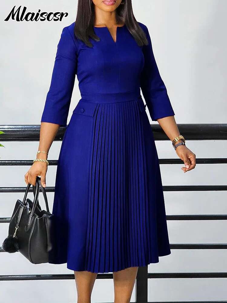 Mlaiscsr Elegant Pink A-E Dresses Women V-Neck 3/4 Sleeve Pleat African Party Evening Guest Birthday Midi Dress OL Clothing