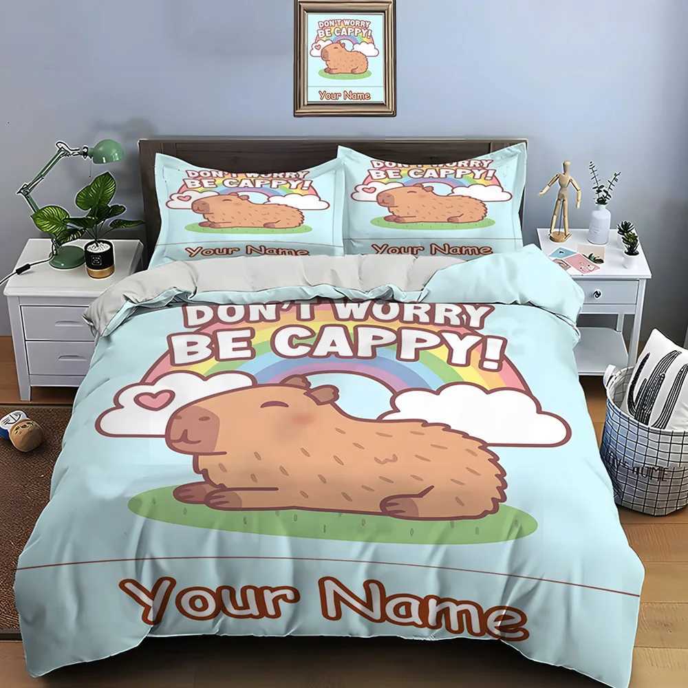 Personalization Custom Name Quilt Cover Cartoon Capybara Print 3 Pieces Setting Bed King Size case Bedroom Bed Set GiftsM251118