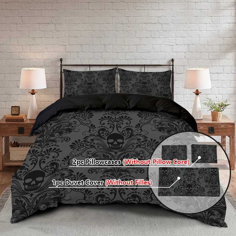 3pcs Skull Flower Duvet set With Flower Skull Pattern Includes 1 Duvet Cover And 2 cases Suitable For All SeasonsM251118