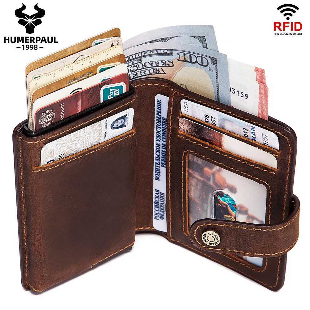HUMERPAUL Crazy Horse Leather Mens Wallet with RFID Blocking Card Holder Mini Metal Pop Up Wallets Zipper Coin Pocket for MaleT251118