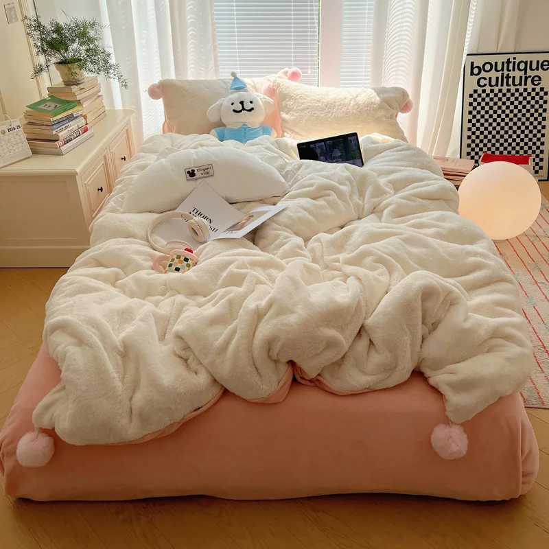 2024 new winter thickened rabbit plush bed four-piece set premium plush bedding coral flannel quilt coverM251118