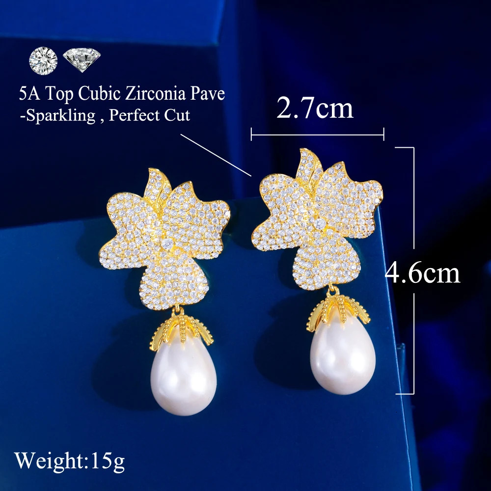 CWWZircon fancy cubic zirconia white gold large leaf flower shaped pendant with long pearl earrings suitable for womens parties CZ507 250414