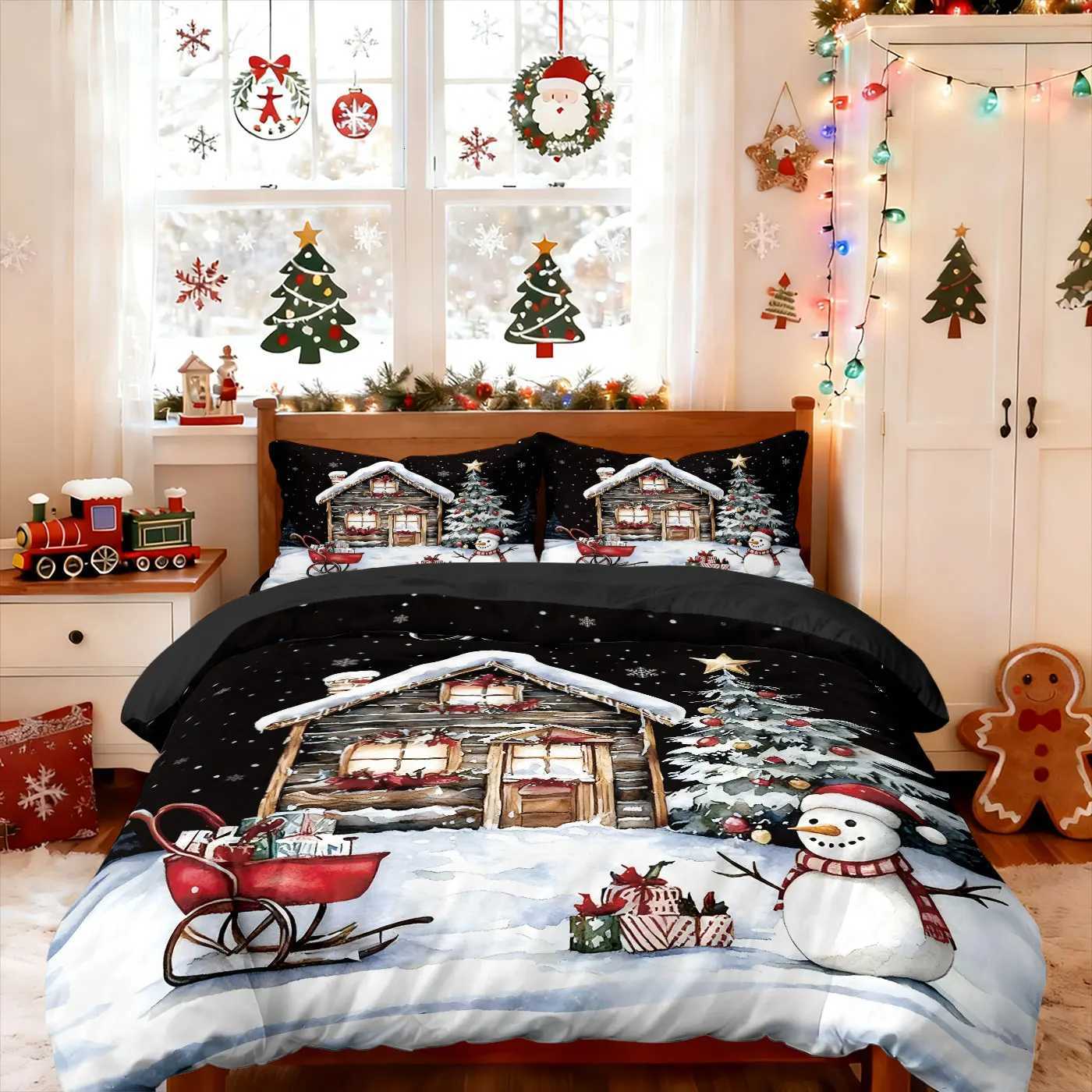3pcs Christmas cottage print coreless duvet set multi size bedroom bedding holiday decoration soft machine washableM251118