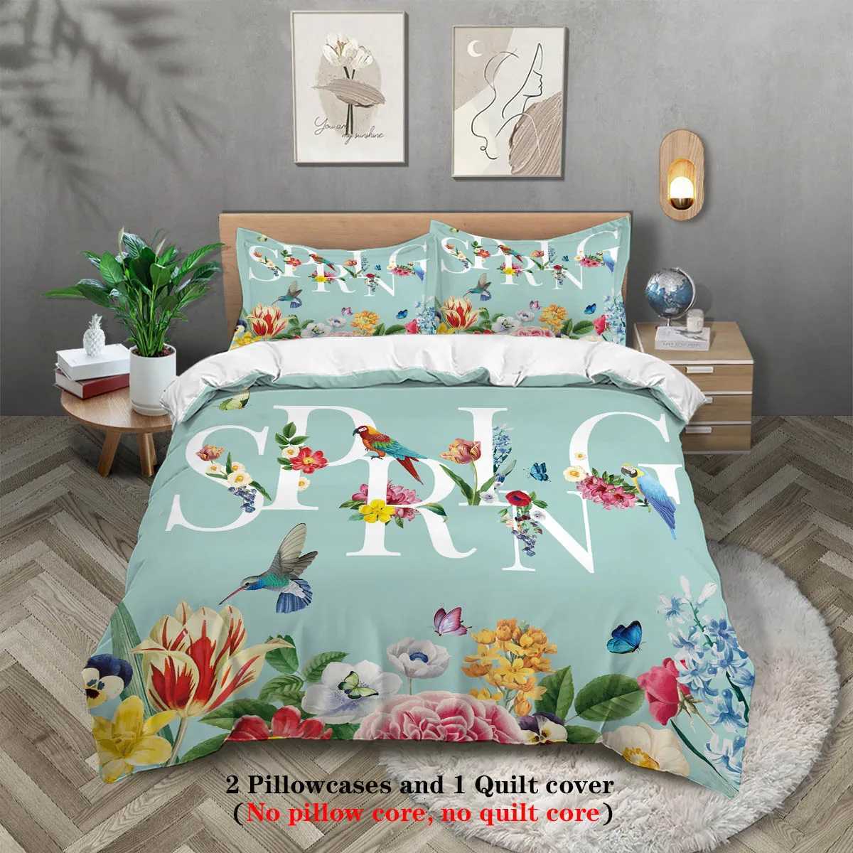 3pcs Spring Themed Bird and Flower Printed Bedding SetFor Bedroom Guest Room 1Duvet Cover 2 case NO CoreM251118
