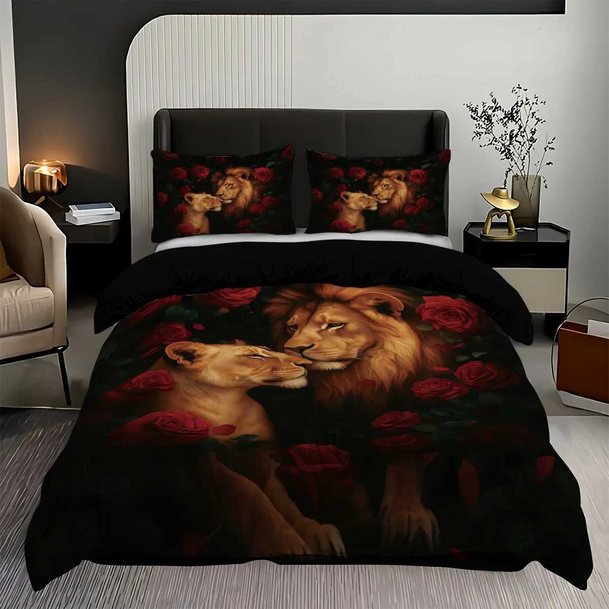 3 pieces are lion animal printed down duvet covers 1 down duvet cover2 cases no core Soft and comfortable bedding setM251118