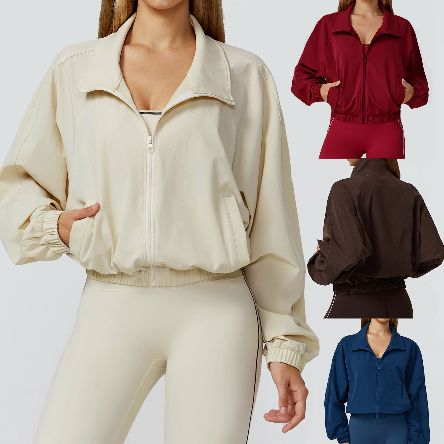 Yoga suit windproof stand up collar sun protection jacket breathable top outdoor quick drying short zipper women's fitness yoga suit A-5412 jacket