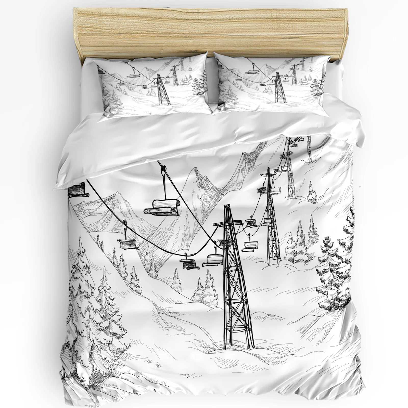 3pcs Bedding Set White Snow Cable Car Ski Mountain Sketch Duvet Cover Case Boy Kid Teen Girl Bedding Covers SetM251118