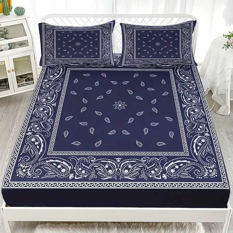 Black Paisley Mandala Fitted Sheet Set Bohemian Style Mattress Covers Soft Breathable With Deep Pocket for BedroomM251118