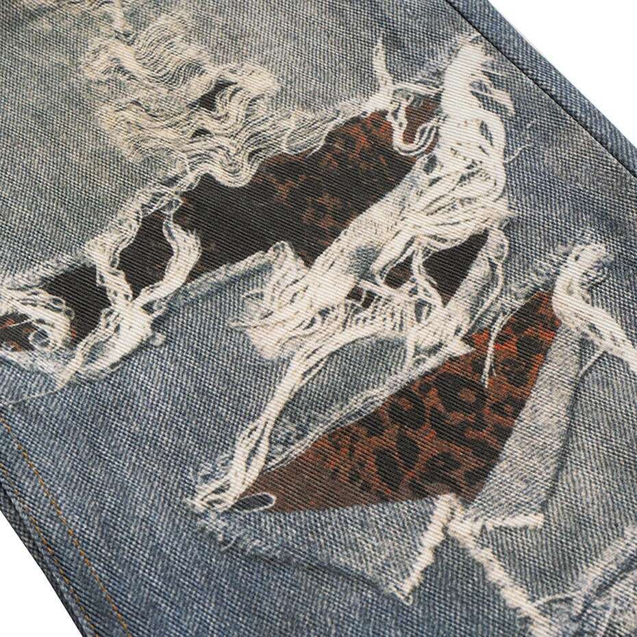 Leopard Printed Men's Vintage Blue Baggy Loose Casual Straight Denim Pants Streetwear Haruku Jeans