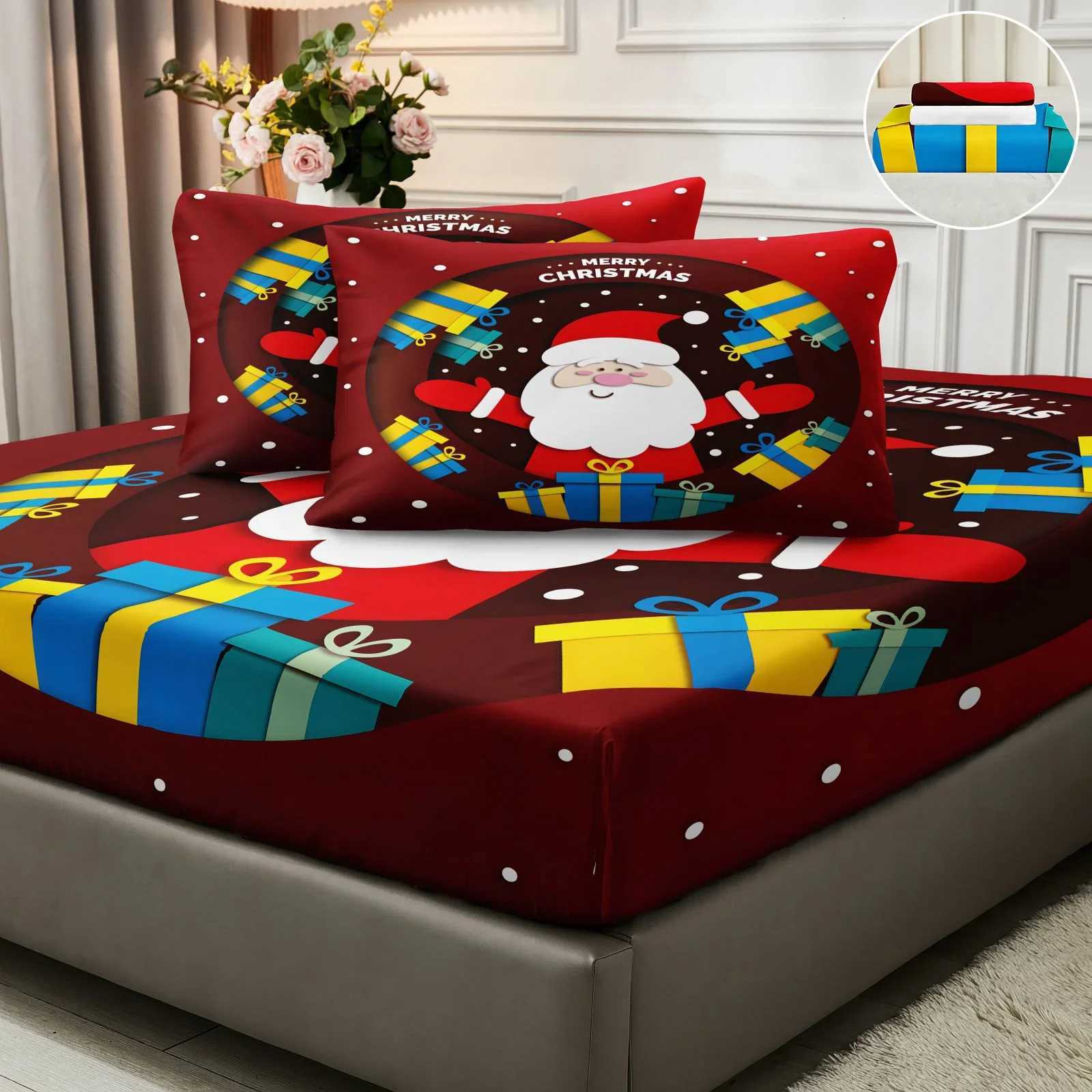1PC Christmas Gift Santa Claus Digital Print Bed Sheet case Set Sanded Polyester Fitted Sheet with Deep Pocket 30-34cmM251118