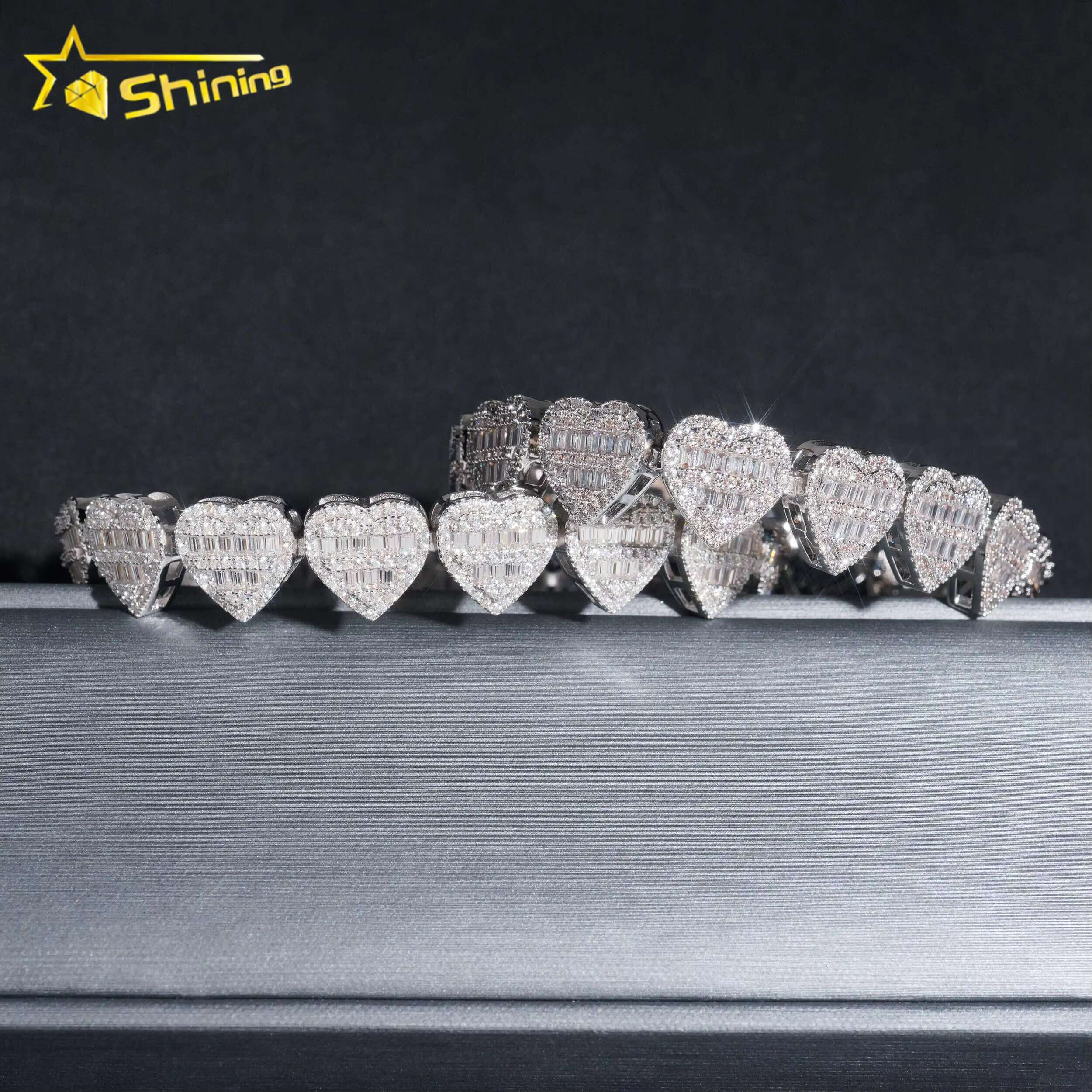 Fashion Design baguette 13mm Heart Bracelet Moissanite Dia Cuban Link Bracelets