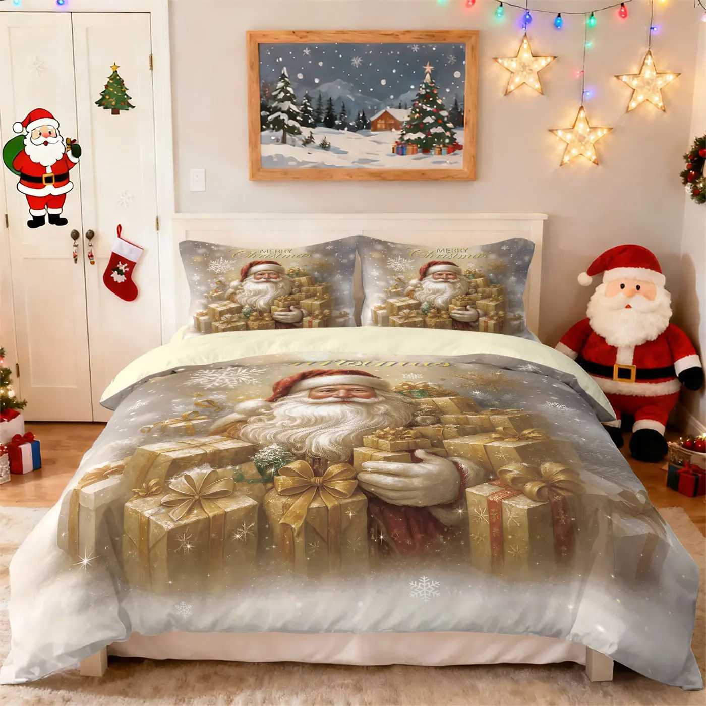 3pcs Golden Santa Claus Printed Chipless Bedding Set Soft and Comfortable Dormitory Bedroom Multiple Sizes Machine WashableM251118