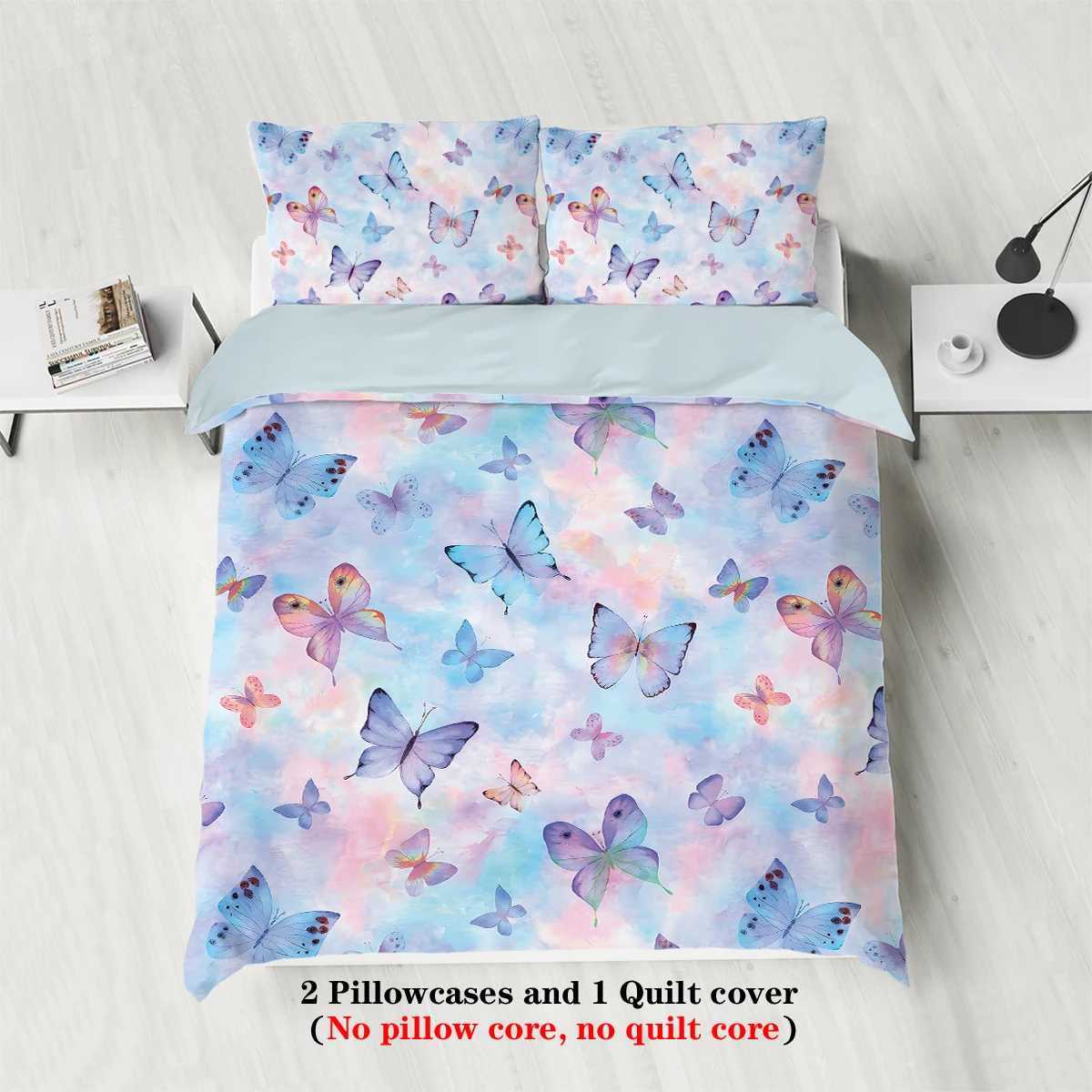 3pcs watercolor purple butterfly printed bedding set soft and comfortable for women bedroom queen king and twin bedM251118