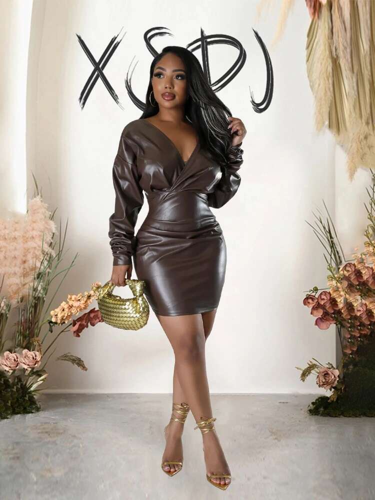 Elegant Winter Woman One Piece Vneck Short Leather High Waist Sexy Long Sleeve Pu Dress Tight Wholesale Dropshipping