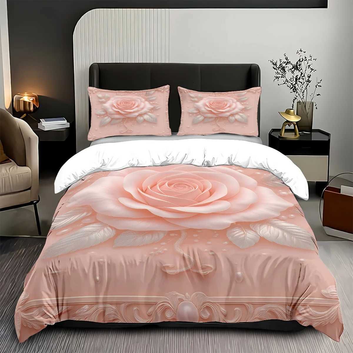 3pc Imitation 3D Pink Rose Print Coreless Bedding Set Soft and Comfortable Bedroom Dormitory Multiple Sizes Machine WashableM251118