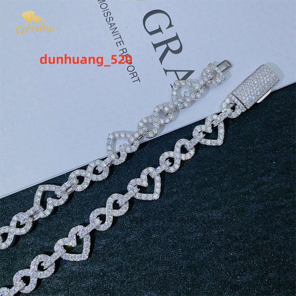 Sterling Sier VVS Moissanite Hearts Chain Women Men High Quality Hip Hop 8.5m Iced Out Cuban Bracelet Necklace