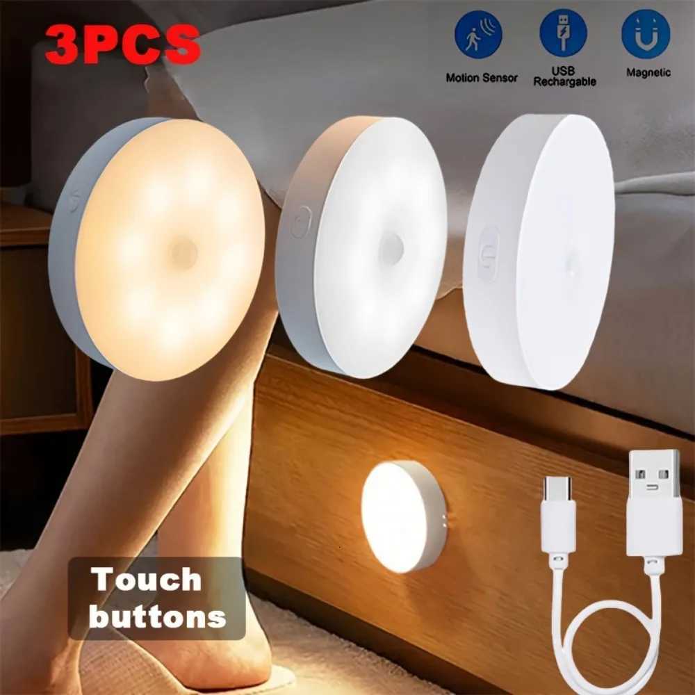 3set Motion Sensor Lights 8 LED USB Round Lights Two Colors Available Adjustable Brightness Suitable for Toilets Night ligh M251118