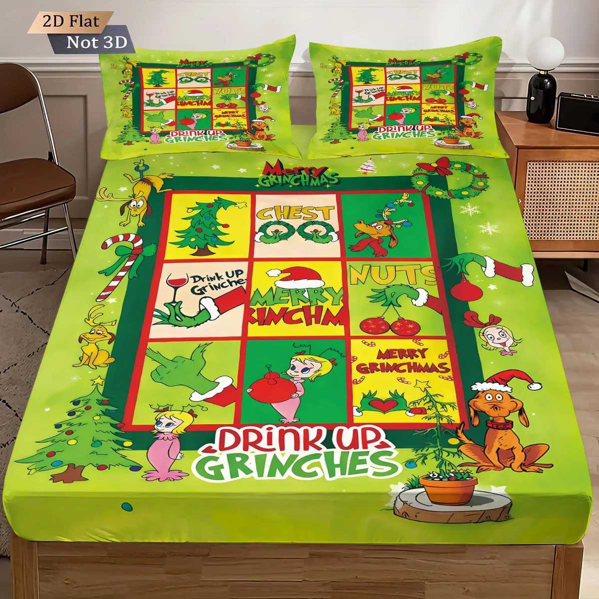 3 green Christmas cartoon print coreless bedsheet set multiple sizes comfortable bed covers bedroom bedding holiday decorationsM251118