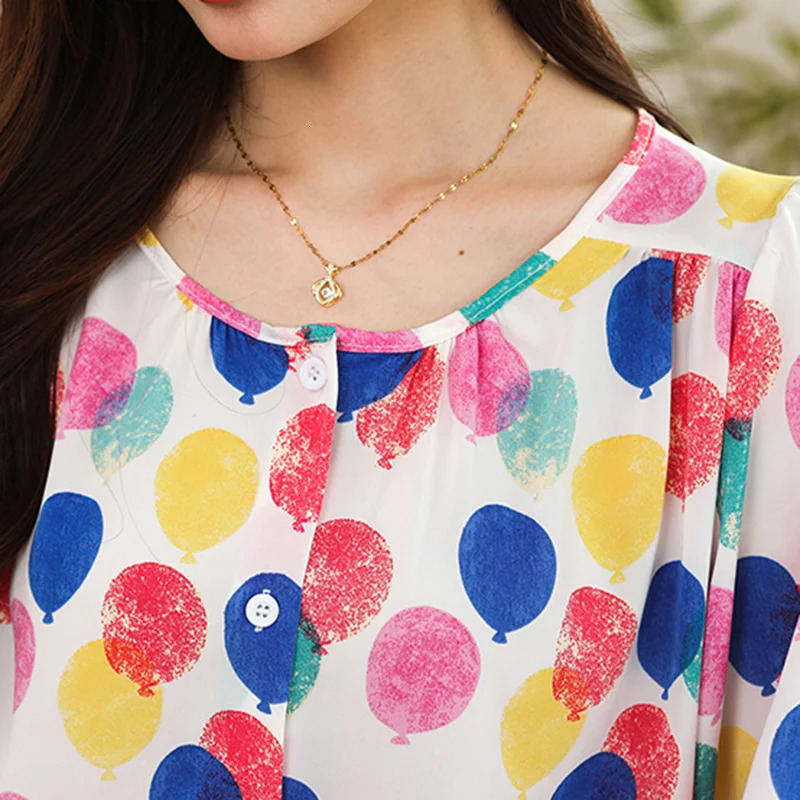Colorful Polka Dot Print Sweet Chiffon O-Neck Lantern Sleeve Loose Womens Blouse Shirt Korean Fashion Female Clothing Tops 250417