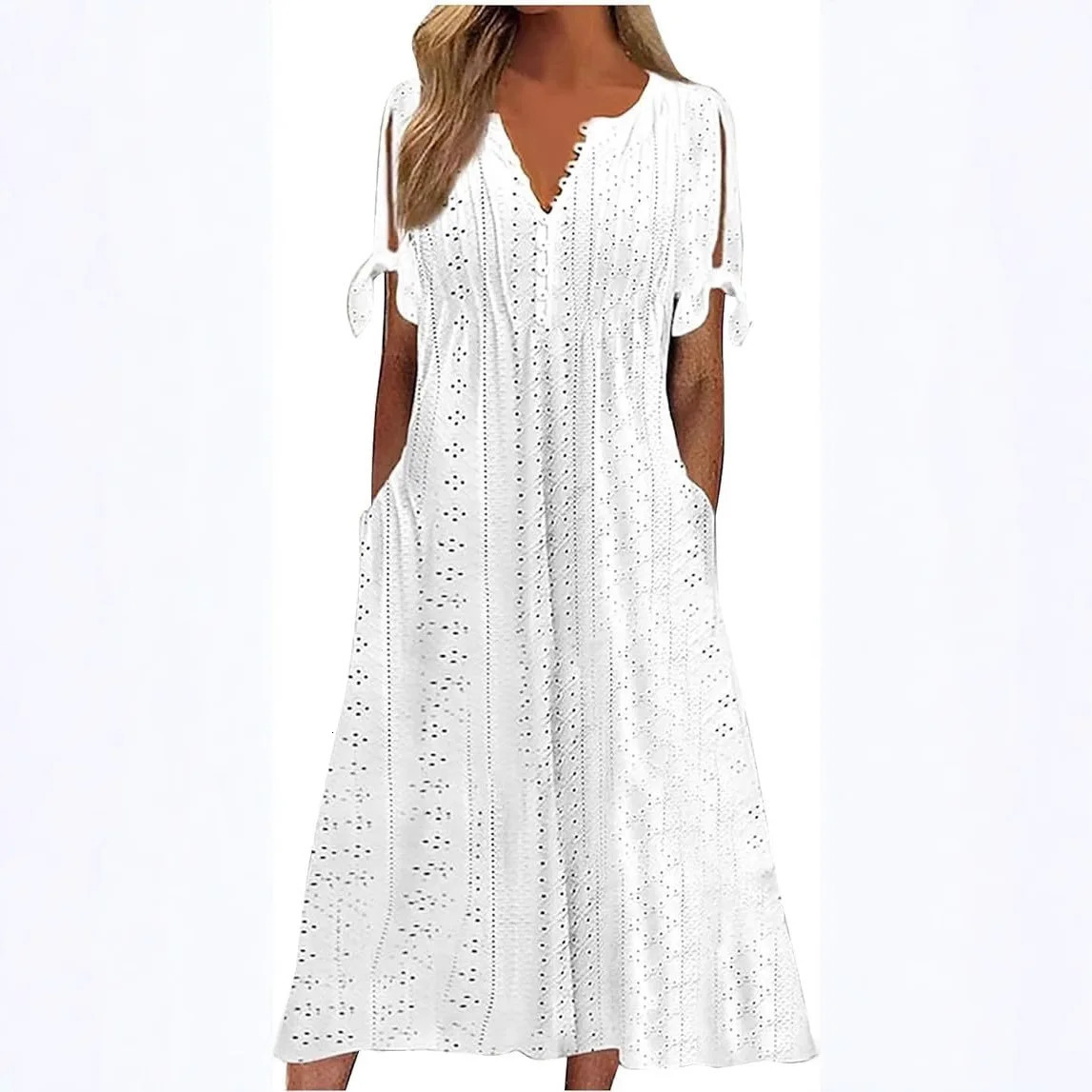 2025 Summer Womens Mid Length Dress With Sexy Holes Hollowed Out Lace Up V-neck Pleated Edges Fashionable Patchwork Dress 250417