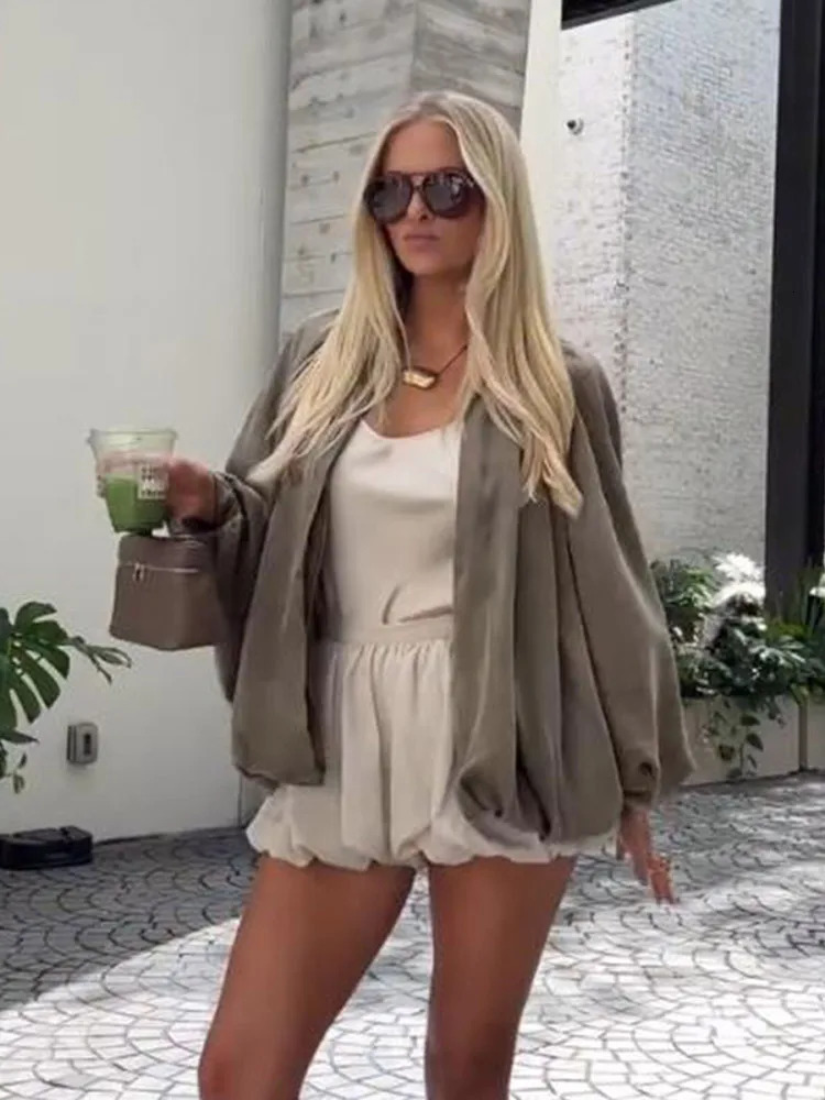 Fashionable womens solid loose suede jacket fashionable bubble long sleeved lapel zipper oversized pleated Year 250418