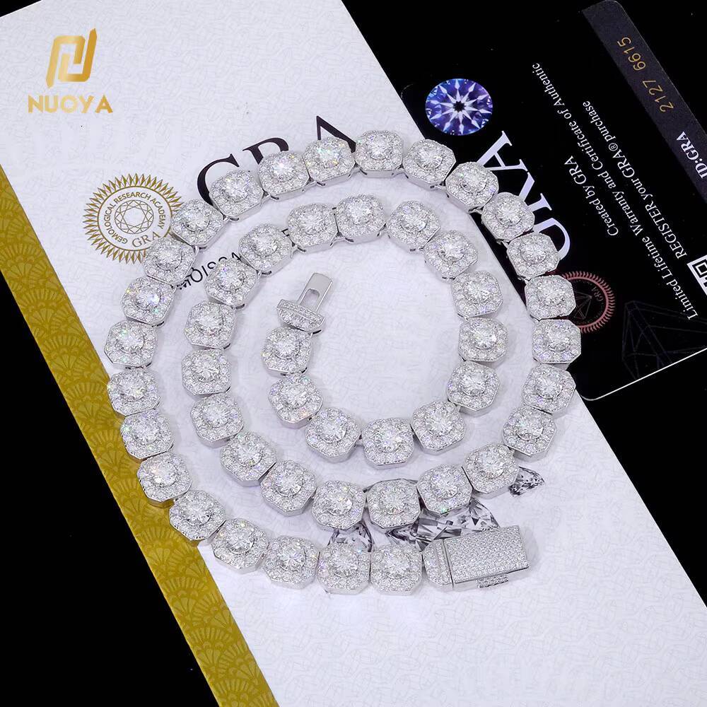 Laboratory cultivation 10mm 12mm Iced Out VVS Moissanite Tennis Chain 925 Sterling Silver Clustered Tennis Chain Hip Hop Necklace for Men Women
