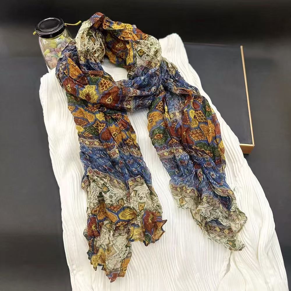 T499 cotton and linen scarf new style literary retro pleated ethnic style hot style small floral hundred multi-purpose fashionable neck scarf