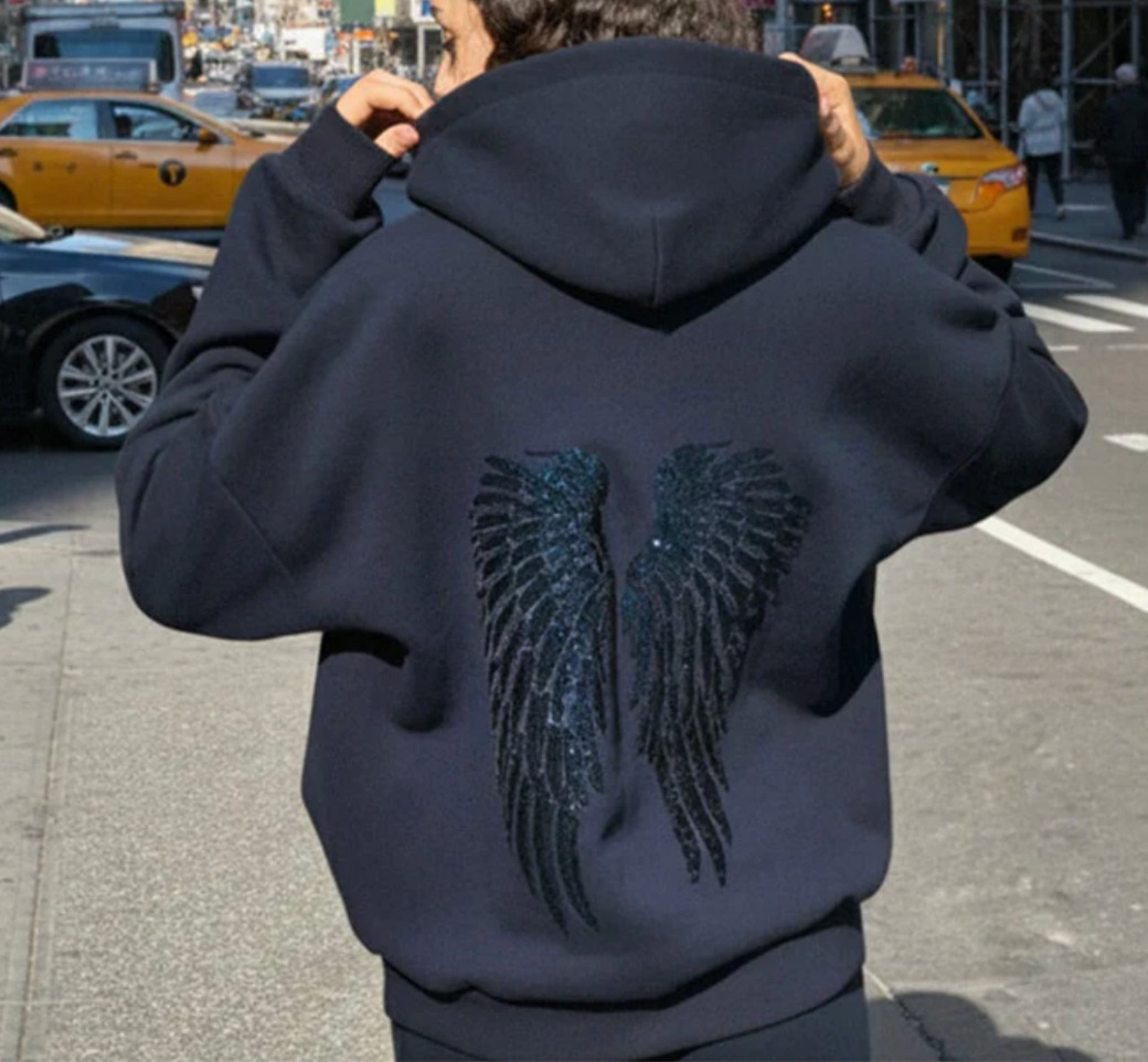 Sequined Embroidery Women's Hoodies High Street Light Colored Gothic Sequined Wing Design Hooded Sweatshirt Korean Fashion Minimalist Jacket Coup