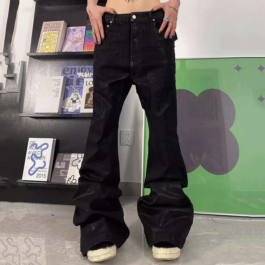 RO Style Flared Men's Hi Street Broken Patchwork Black Denim Pants Fashion Loose Jeans Trousers