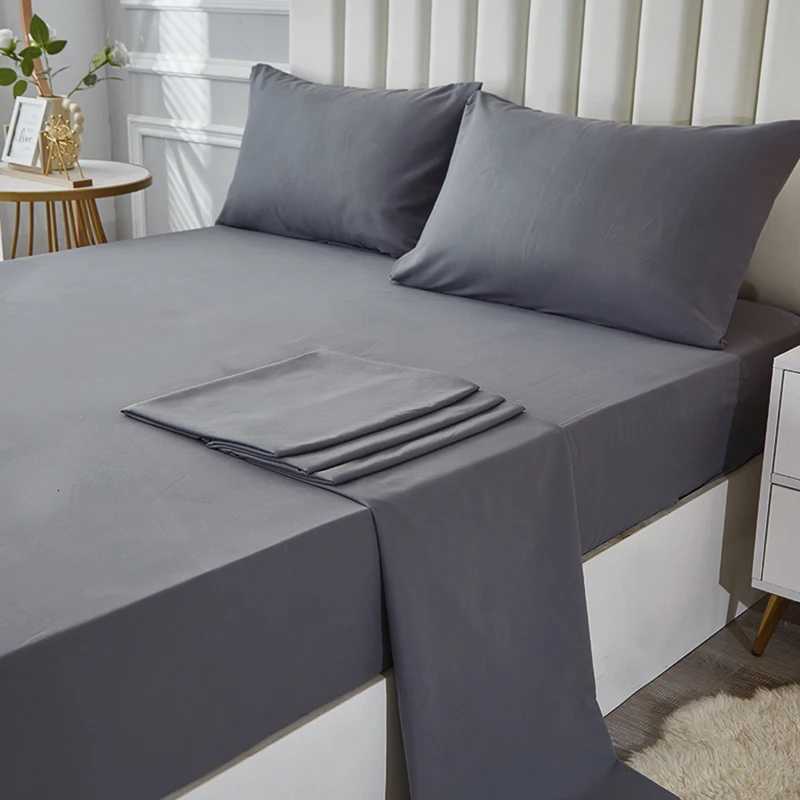 3/4pcs Solid Beding Set Waterproof Fitted sheet Bed Sheet cases Soft Queen KIng Full Twin Size White and GrayM251118