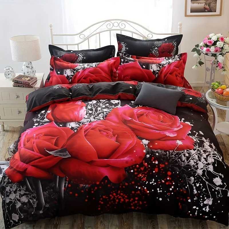 2/3pcs Duvet Cover Set Red Rose Print Bedding Set Soft Comfortable Duvet Cover 1Duvet Cover 1/2 case Without CoreM251118