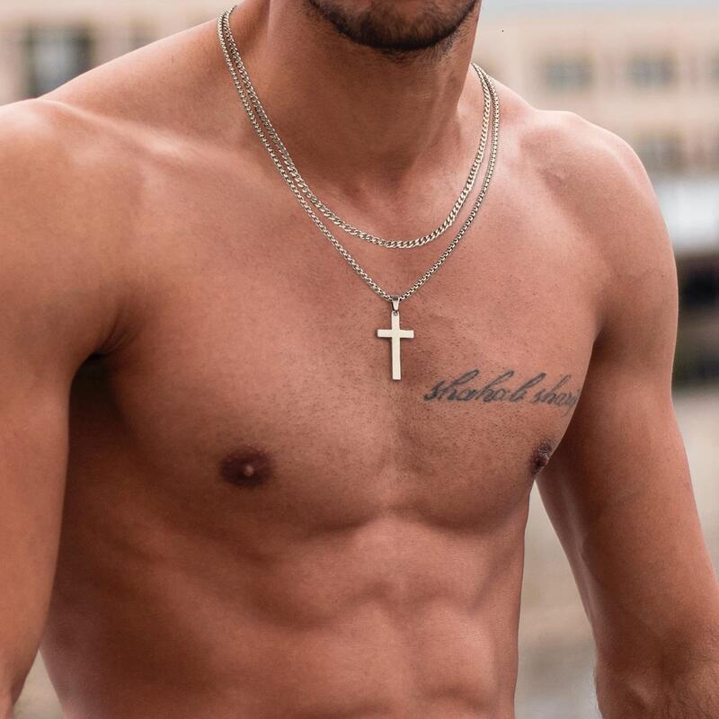 Real Men's Stainless Steel Necklace Cuban Chain Black Sier Gold Layered Cross Pendant