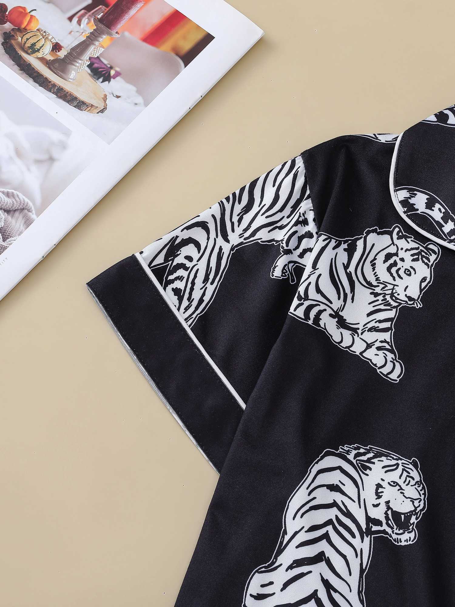 Black Tiger Double Short Womens Printed Pajama Set Collar Short Sleeve Top and Loose Shorts Comfortable Womens PajamasC250418