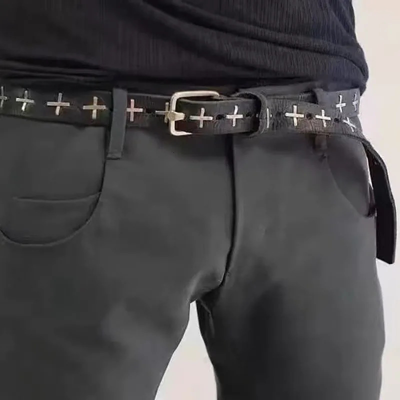 Punk Genuine Leather Belt Ma style cross black belt retro dark hip-hop high street hedi divine needle buckle leather belt 250418