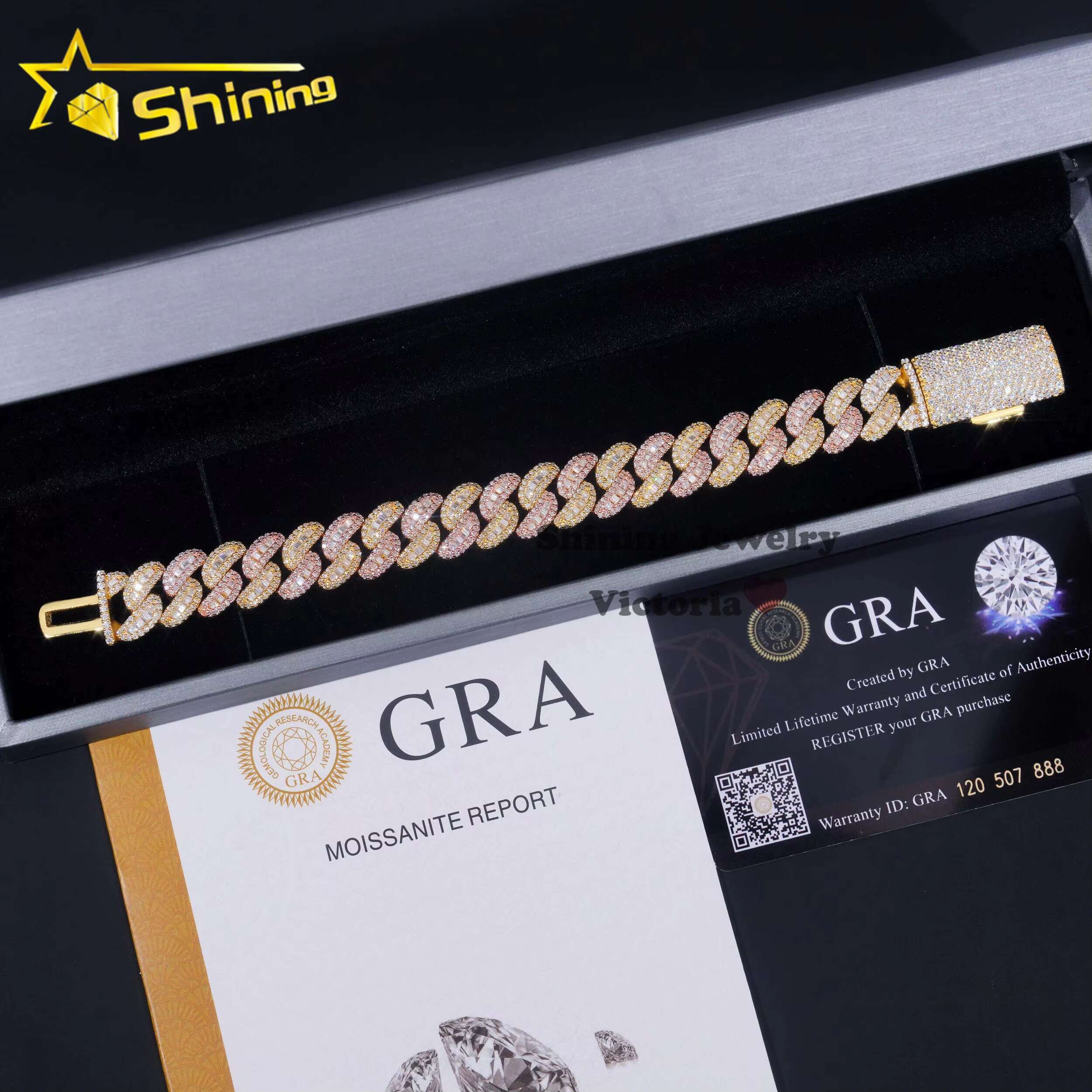 Hip Hop Iced Out Sterling Sier Rose Mix Yellow Gold 13MM Width Baguette Moissanite Cuban Link Chain Bracelet for Men