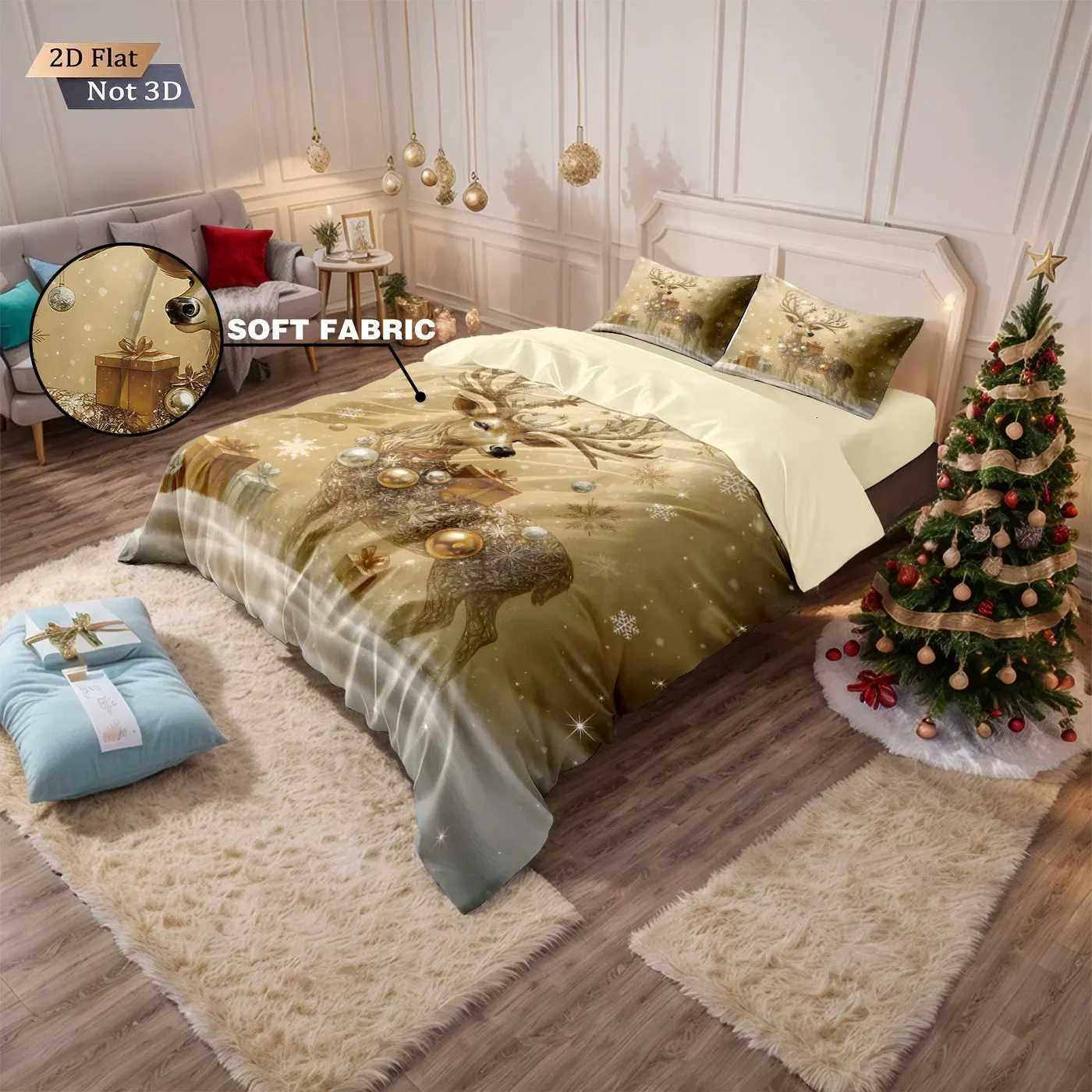 3pcs Christmas gold deer print coreless duvet set multi size bedroom bedding holiday decoration soft machine washableM251118