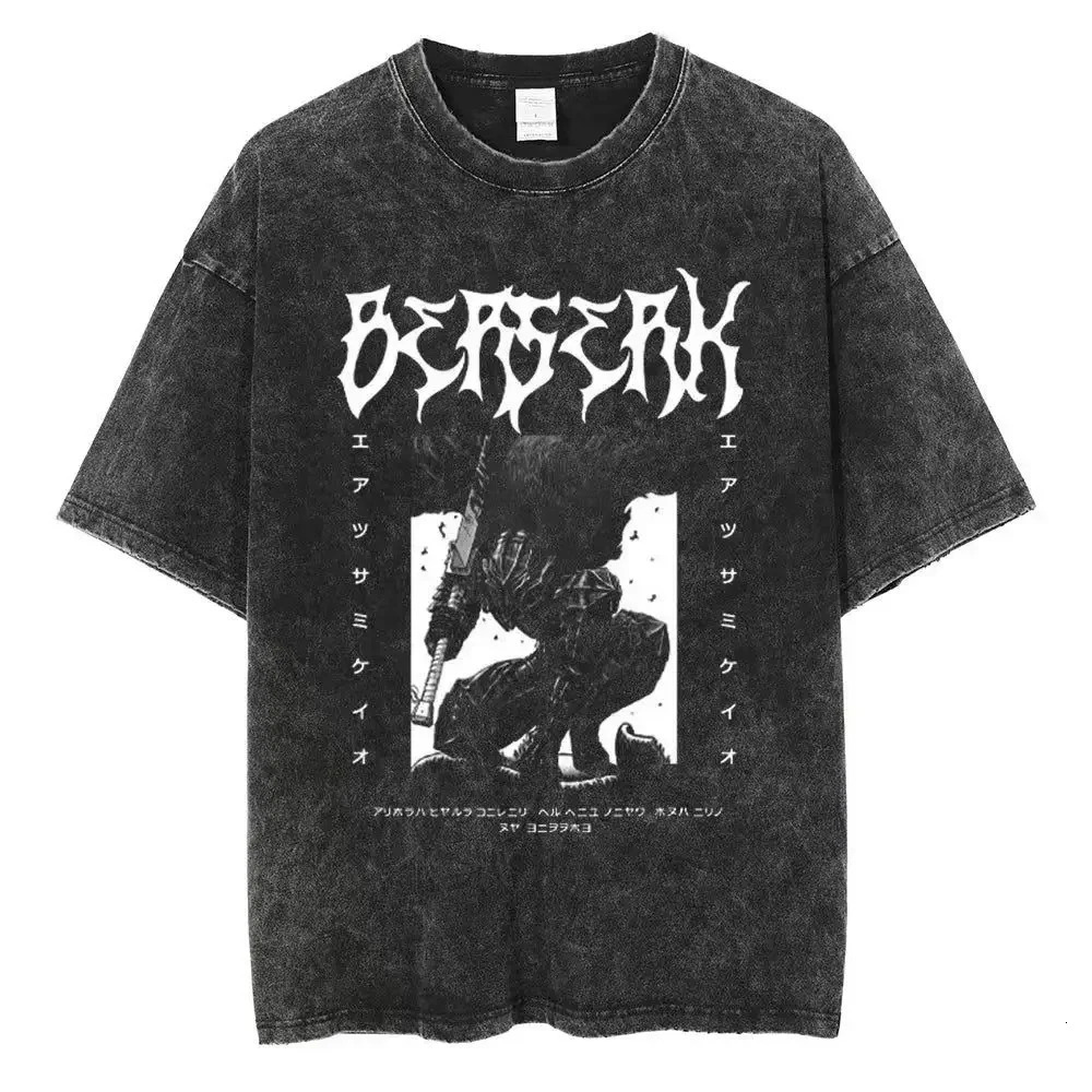 Washed Berserk cotton mens retro Japanese anime oversized shirt streetwear Harajuku summer short sleeved loose top 250408Z