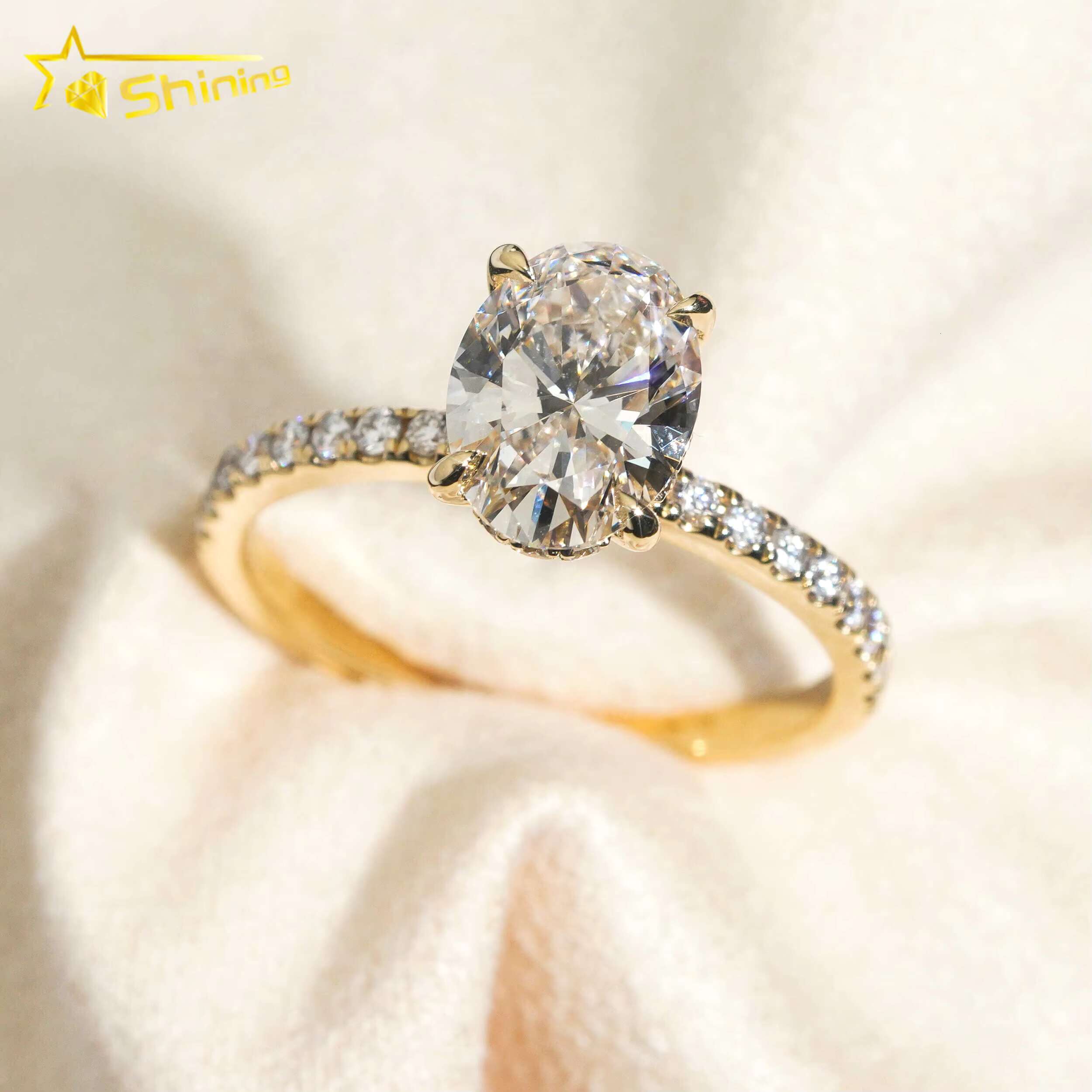 Oval Cut Hidden Halo Half Iced Band 2ct VVS2 Lab Grown Dia CVD Engagement Ring 14K Solid Gold Wedding Rings